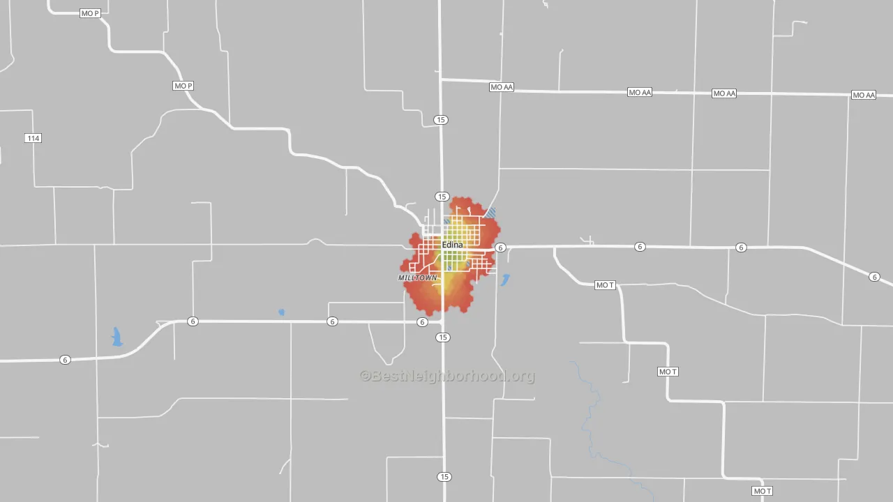Walk Grade map of Edina, MO, walkable areas in green and car-dependent areas in red