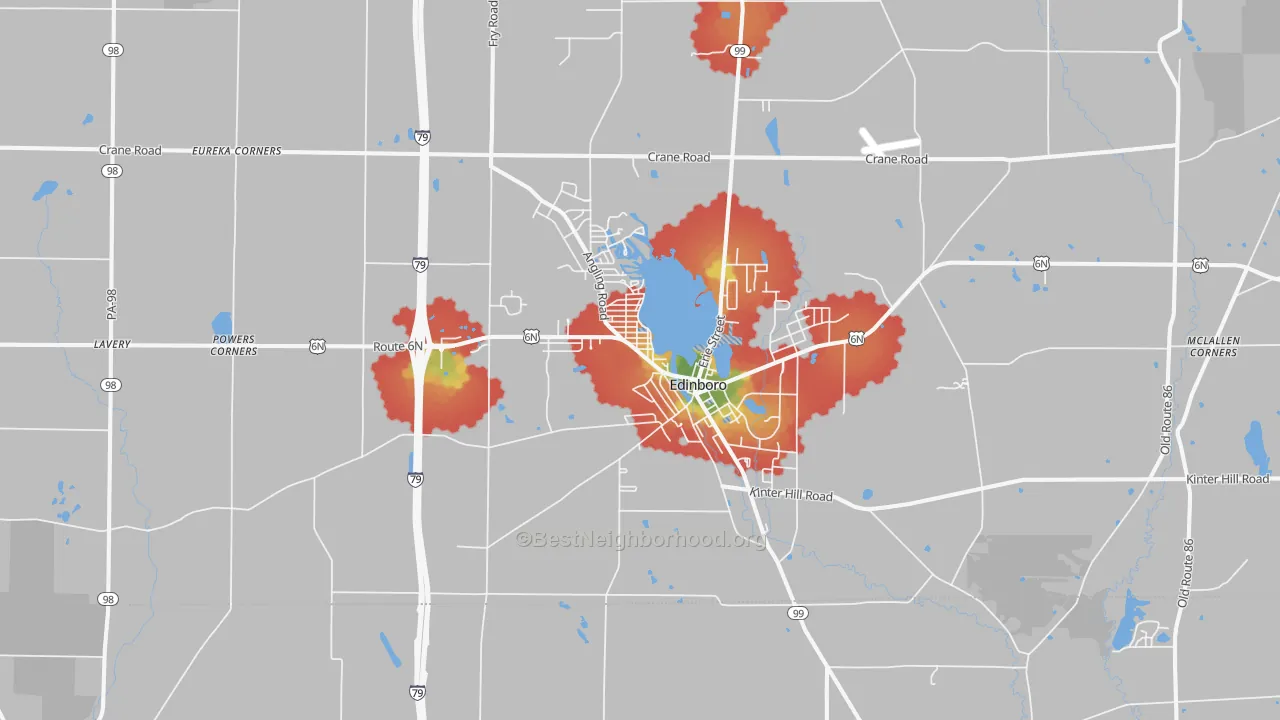 Walk Grade map of Edinboro, PA, walkable areas in green and car-dependent areas in red