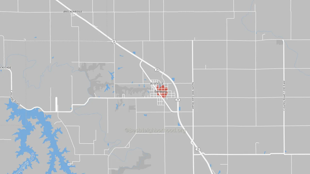Walk Grade map of Edinburg, IL, walkable areas in green and car-dependent areas in red