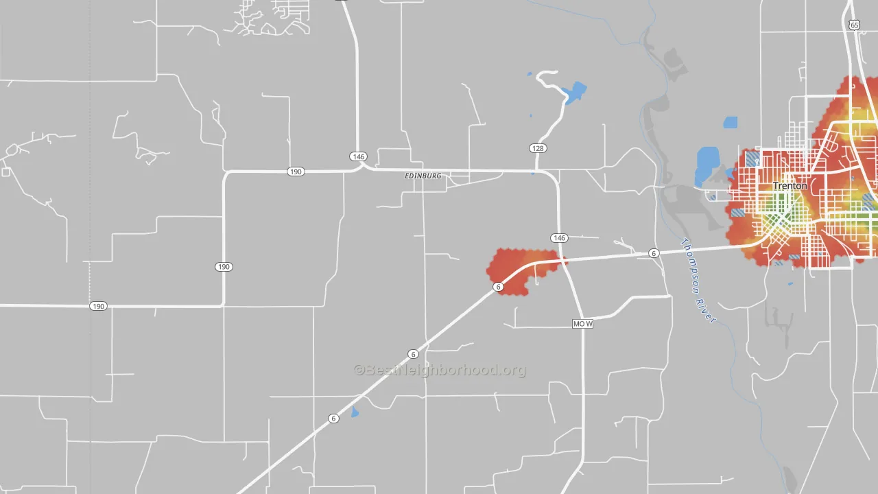 Walk Grade map of Edinburg, MO, walkable areas in green and car-dependent areas in red