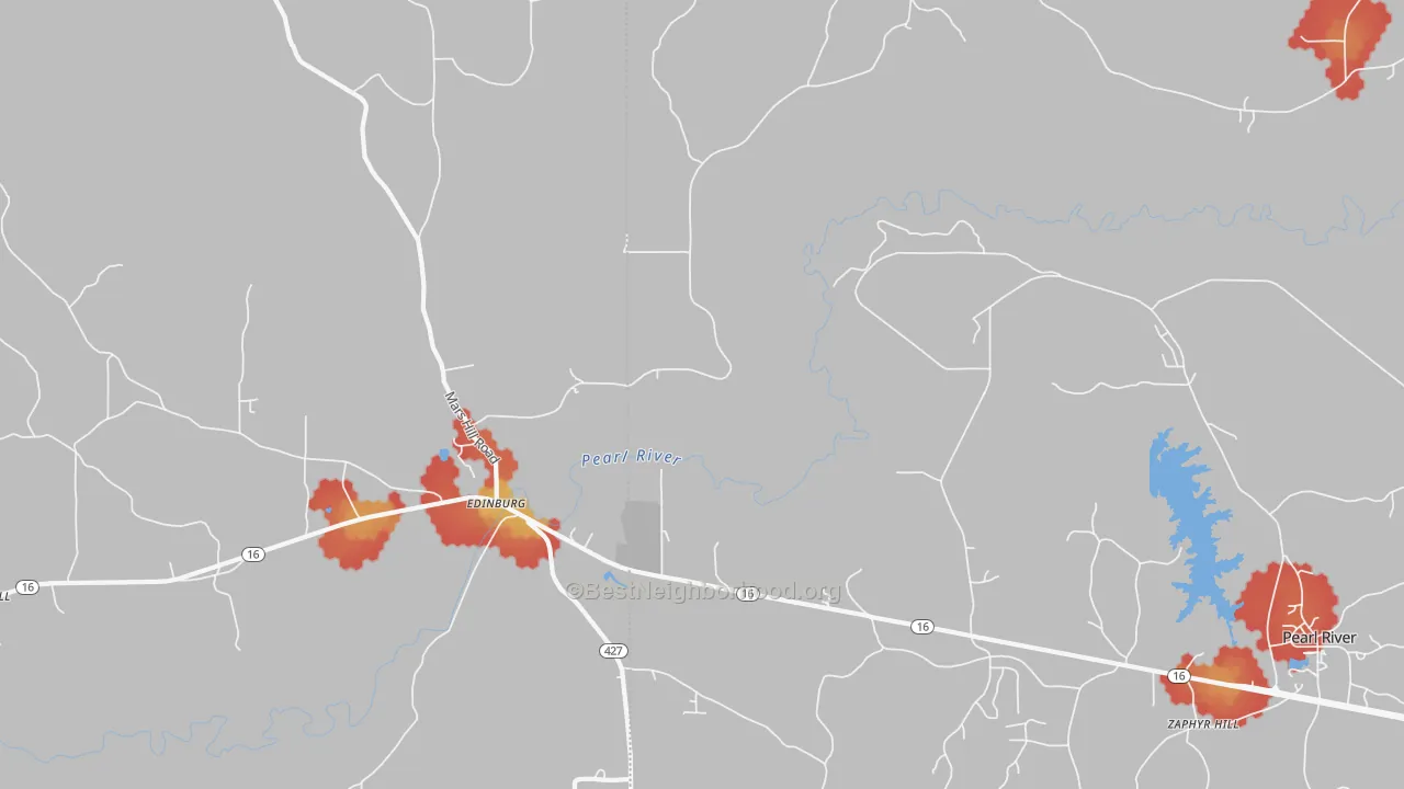 Walk Grade map of Edinburg, MS, walkable areas in green and car-dependent areas in red