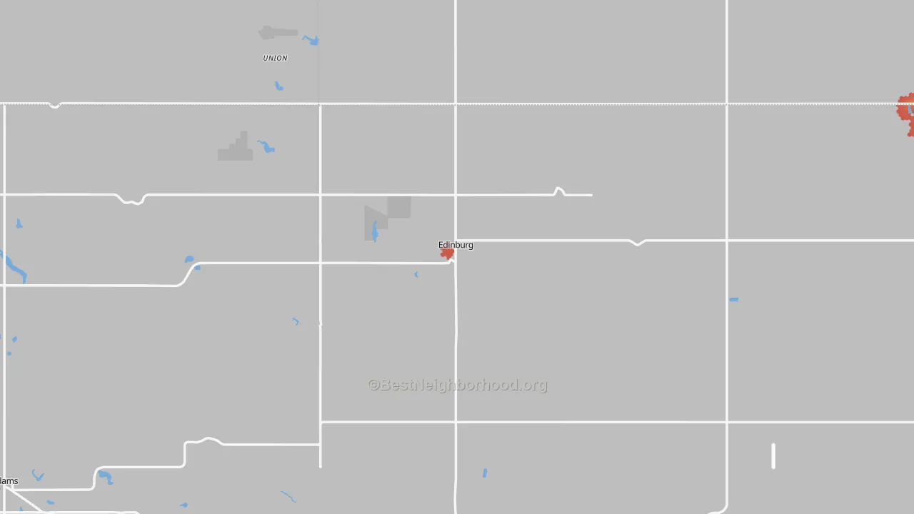 Walk Grade map of Edinburg, ND, walkable areas in green and car-dependent areas in red