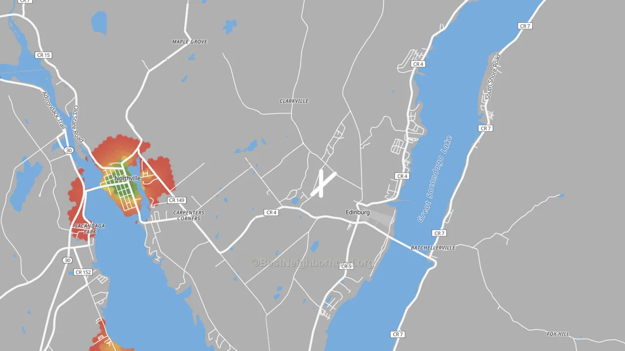 Walk Grade map of Edinburg, NY, walkable areas in green and car-dependent areas in red
