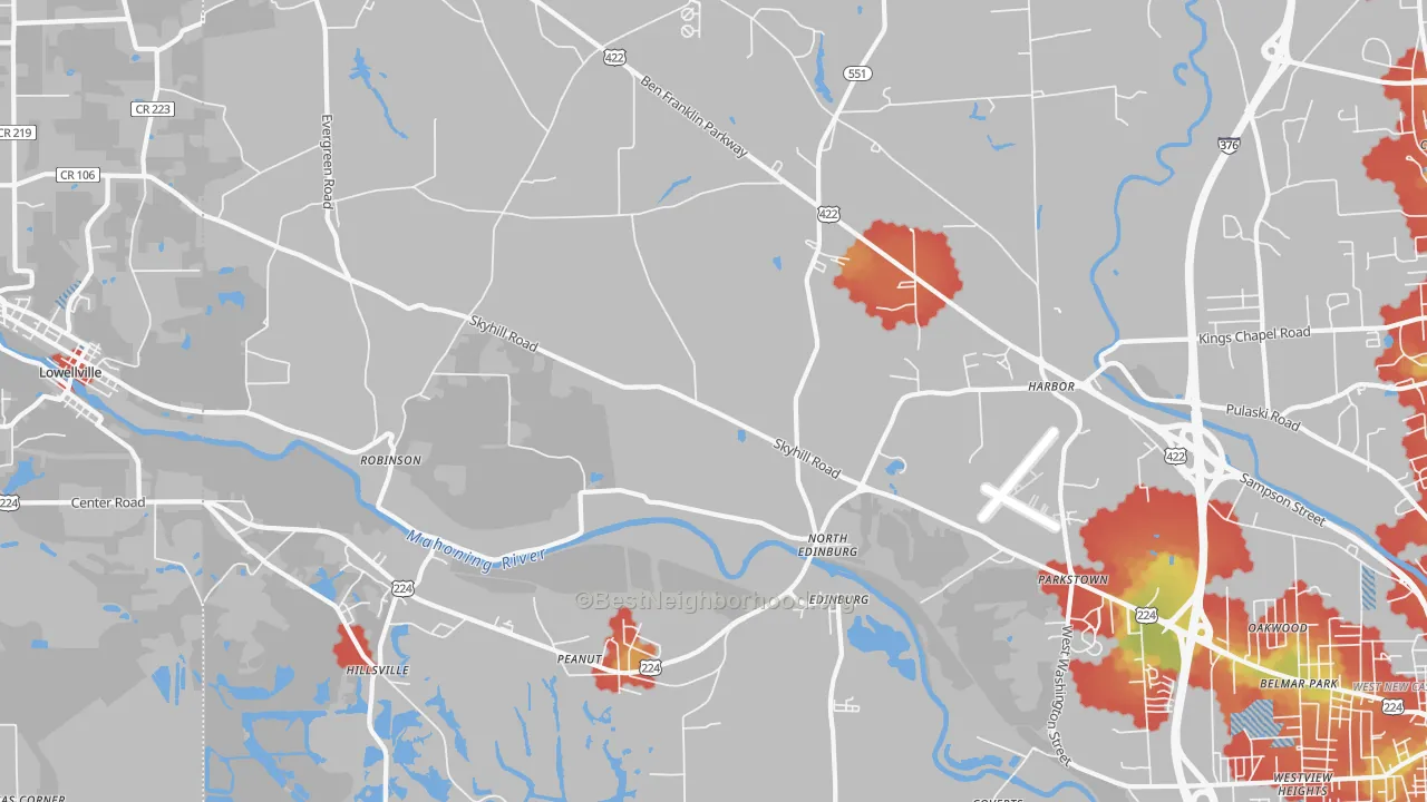 Walk Grade map of Edinburg, PA, walkable areas in green and car-dependent areas in red