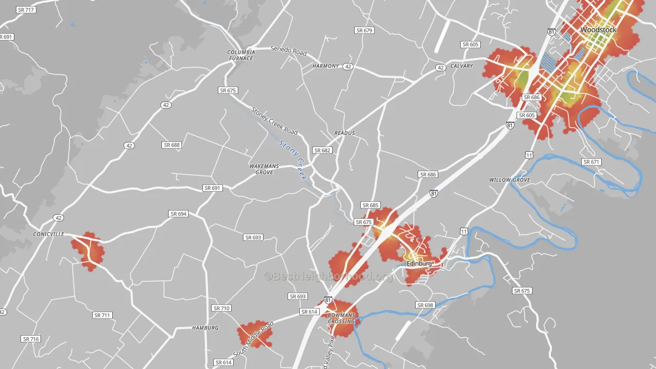 Walk Grade map of Edinburg, VA, walkable areas in green and car-dependent areas in red