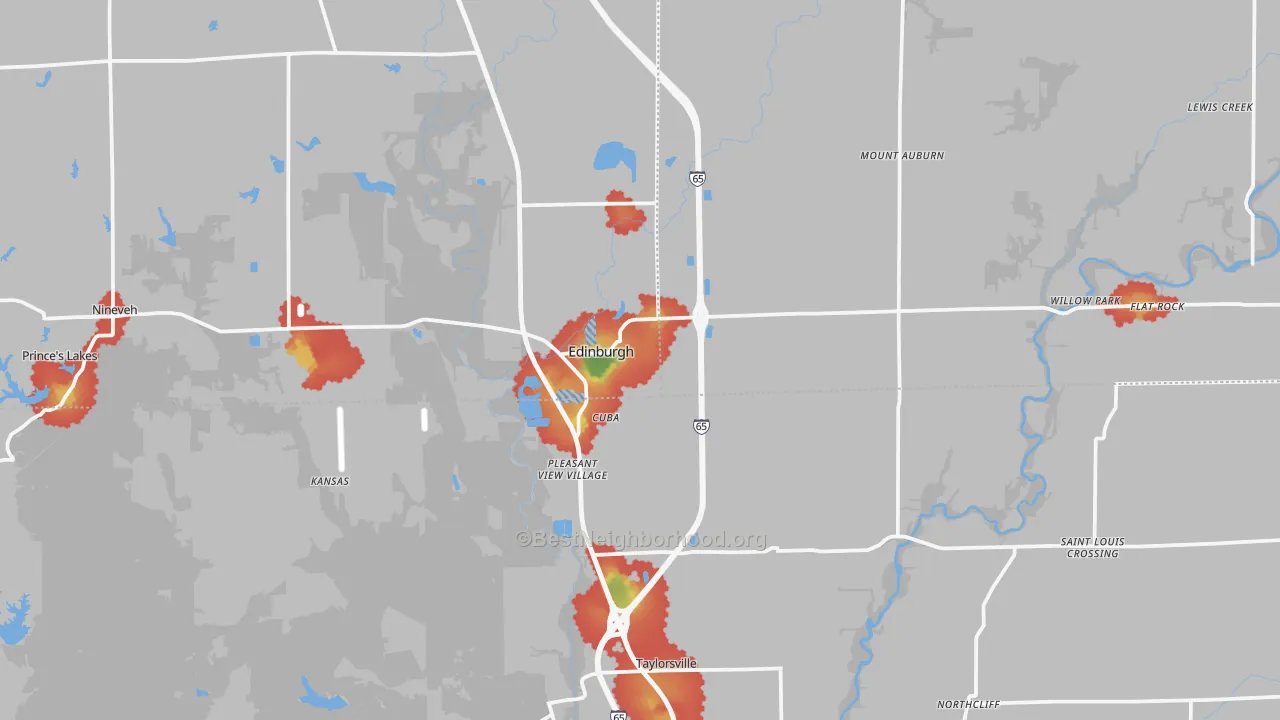 Walk Grade map of Edinburgh, IN, walkable areas in green and car-dependent areas in red