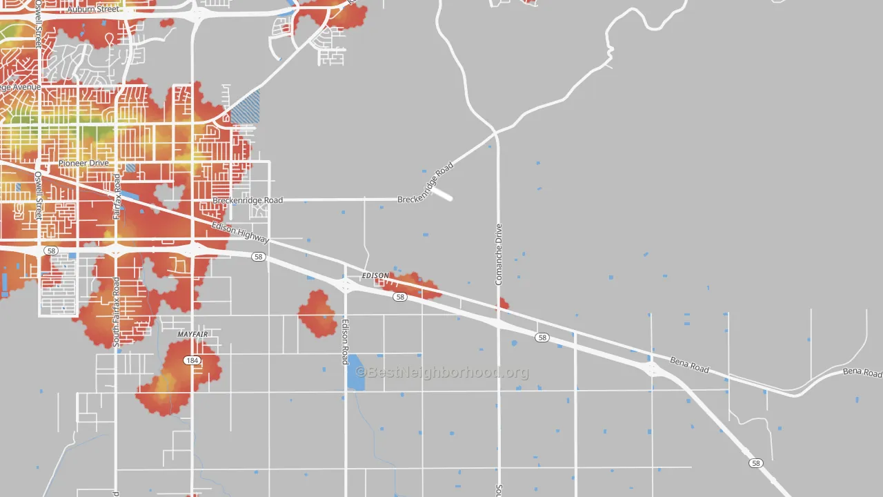 Walk Grade map of Edison, CA, walkable areas in green and car-dependent areas in red