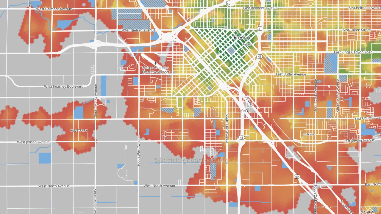 Walk Grade map of Edison, Fresno, CA, walkable areas in green and car-dependent areas in red