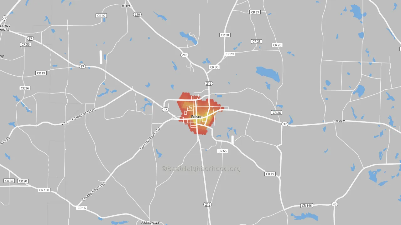 Walk Grade map of Edison, GA, walkable areas in green and car-dependent areas in red