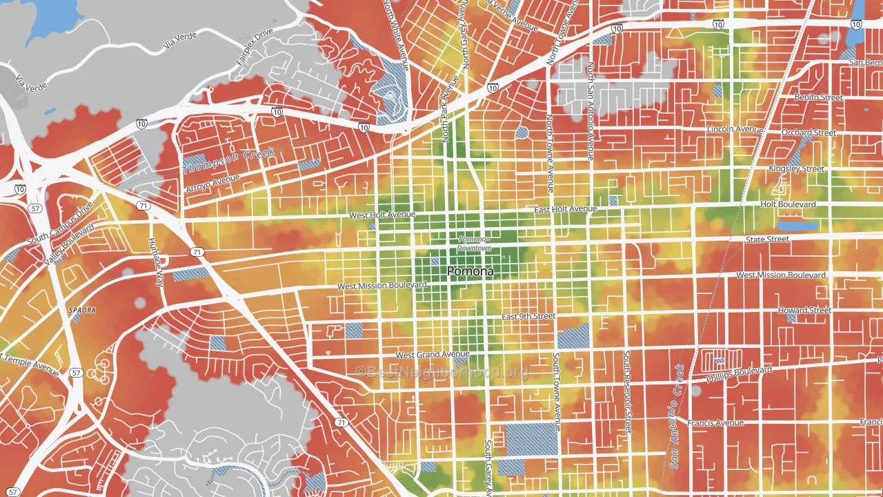 Walk Grade map of Edison Historic District, Pomona, CA, walkable areas in green and car-dependent areas in red
