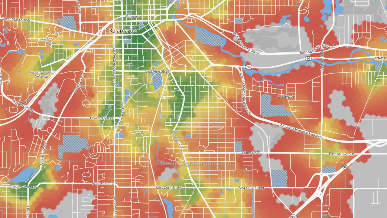Walk Grade map of Edison, Kalamazoo, MI, walkable areas in green and car-dependent areas in red