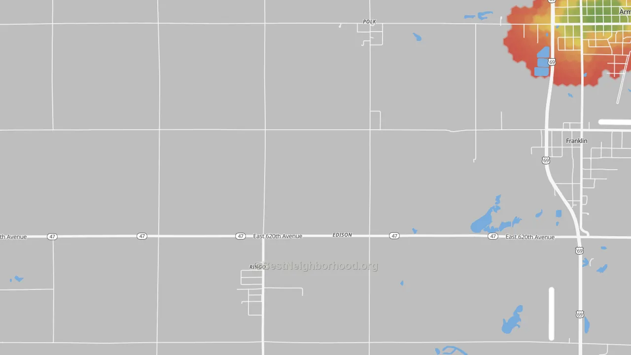 Walk Grade map of Edison, KS, walkable areas in green and car-dependent areas in red