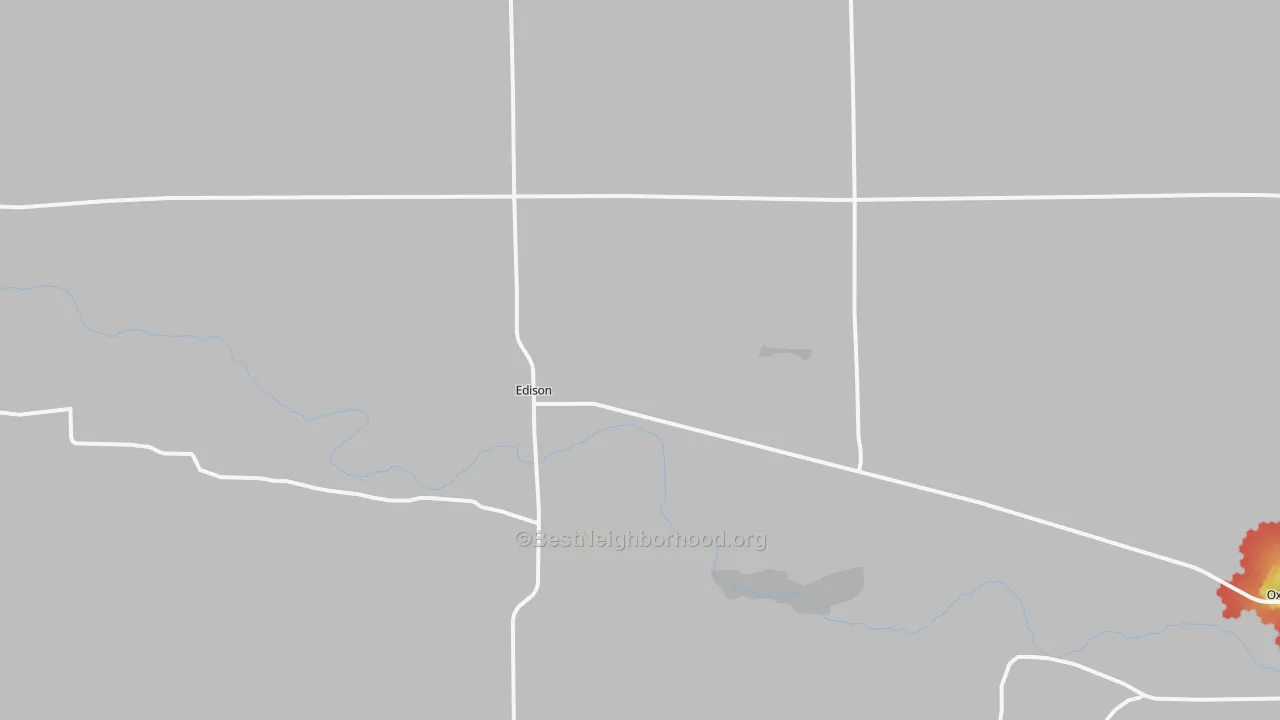 Walk Grade map of Edison, NE, walkable areas in green and car-dependent areas in red