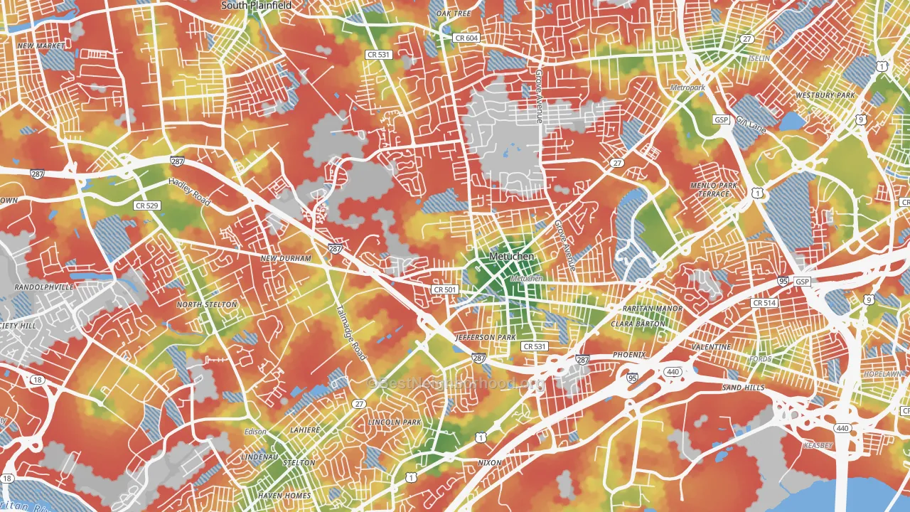 Walk Grade map of Edison, NJ, walkable areas in green and car-dependent areas in red