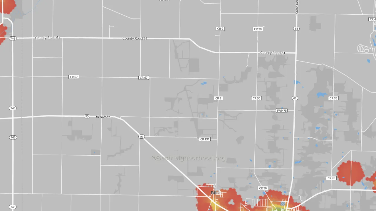 Walk Grade map of Edison, OH, walkable areas in green and car-dependent areas in red
