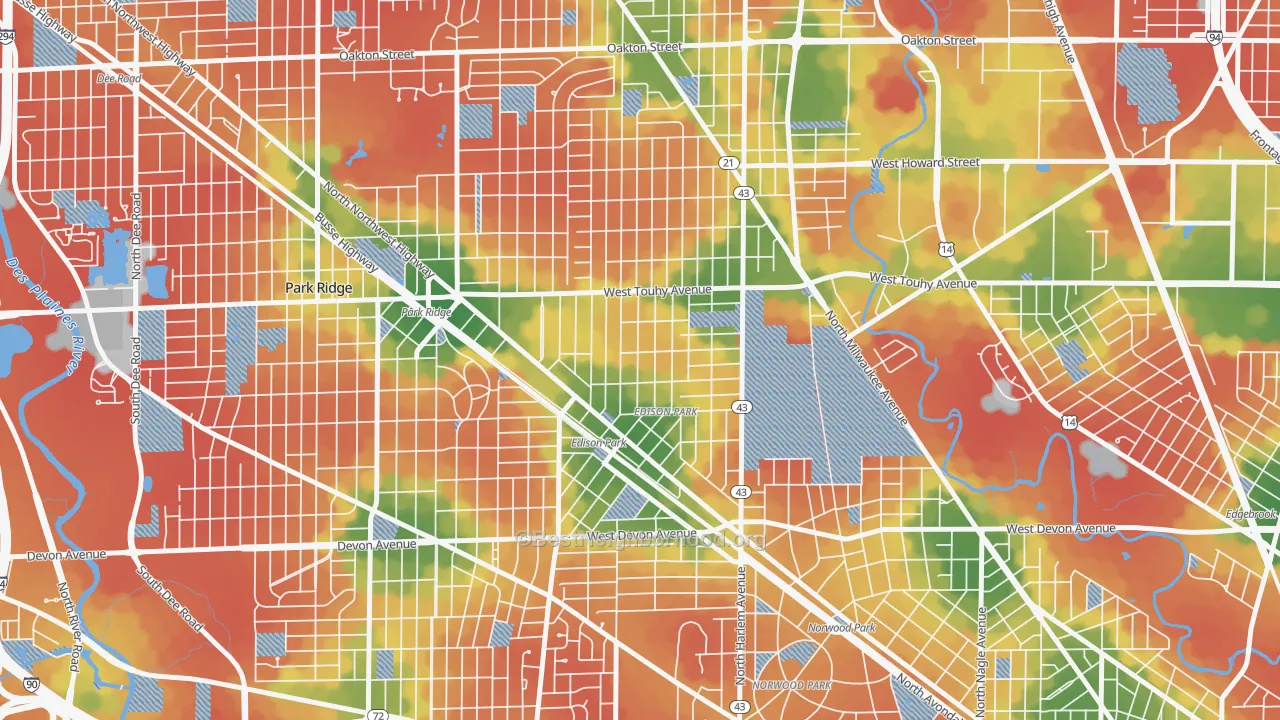 Walk Grade map of Edison Park, Chicago, IL, walkable areas in green and car-dependent areas in red