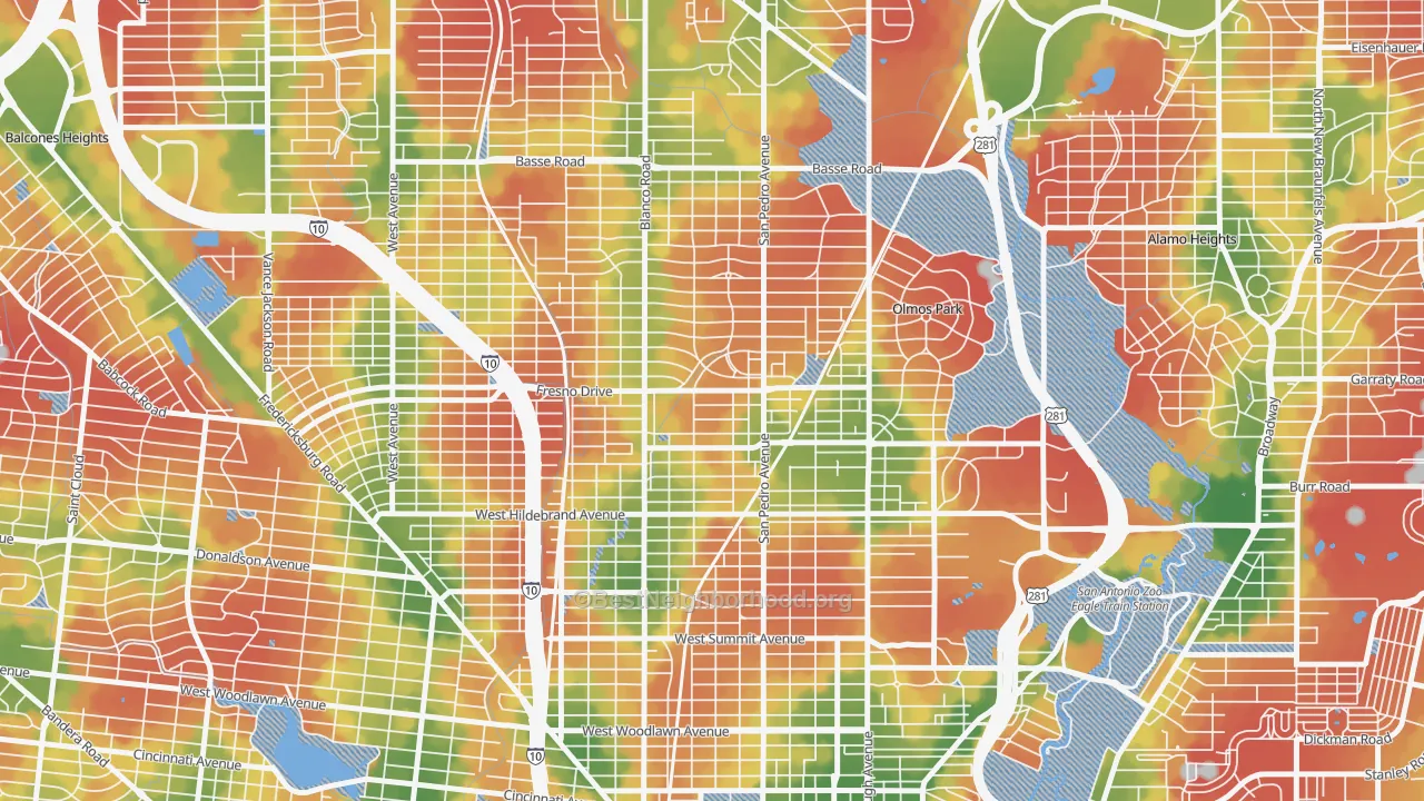 Walk Grade map of Edison, San Antonio, TX, walkable areas in green and car-dependent areas in red