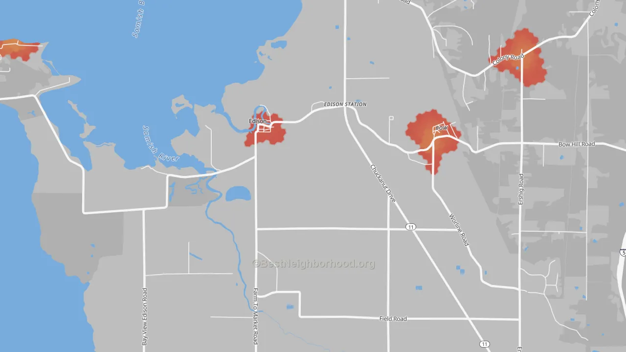 Walk Grade map of Edison, WA, walkable areas in green and car-dependent areas in red