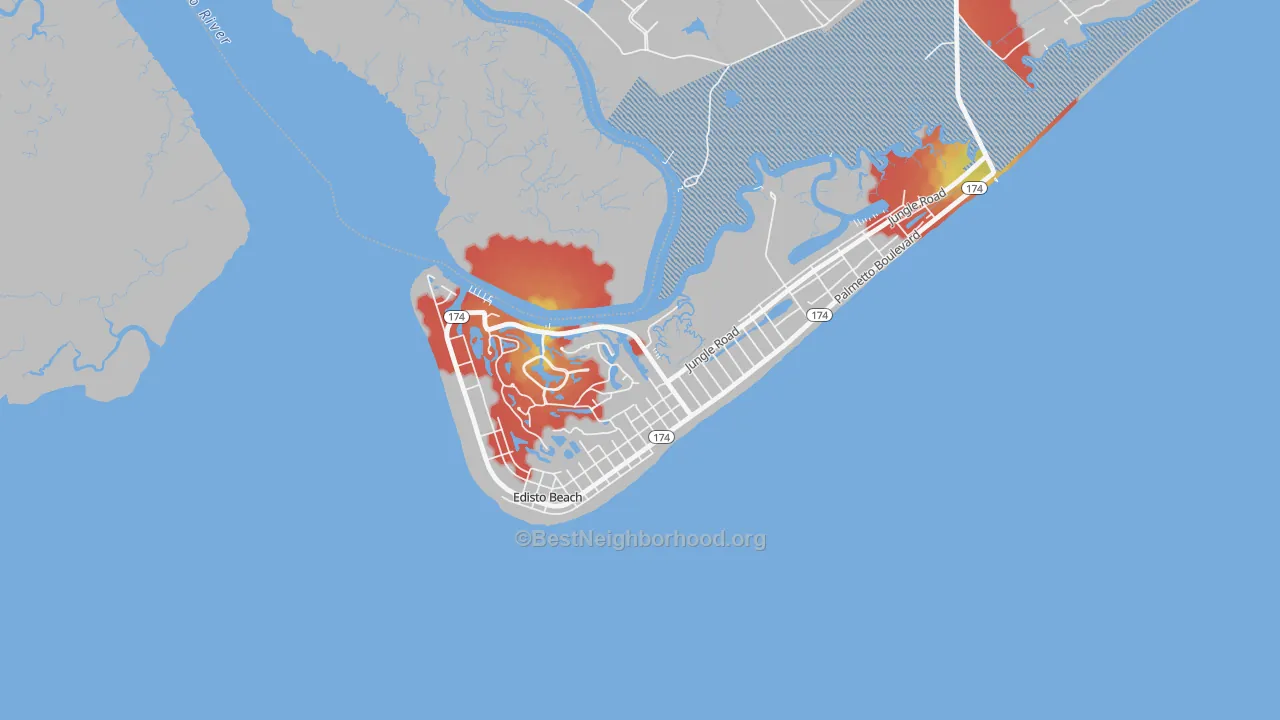 Walk Grade map of Edisto Beach, SC, walkable areas in green and car-dependent areas in red
