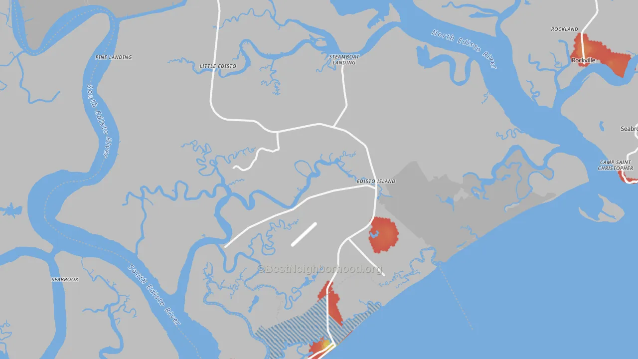 Walk Grade map of Edisto Island, SC, walkable areas in green and car-dependent areas in red