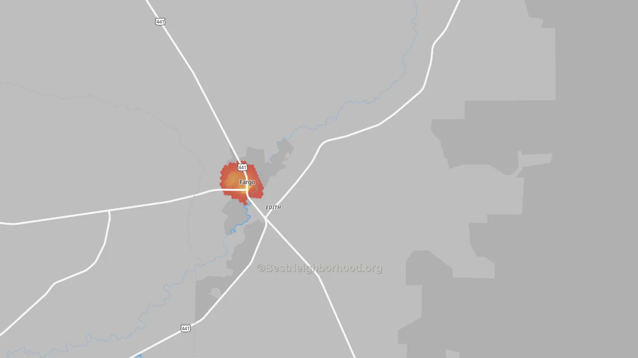 Walk Grade map of Edith, GA, walkable areas in green and car-dependent areas in red