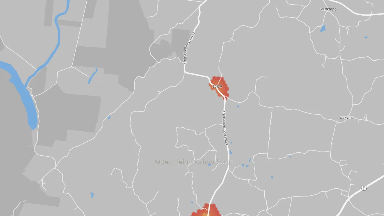 Walk Grade map of Edith, TN, walkable areas in green and car-dependent areas in red