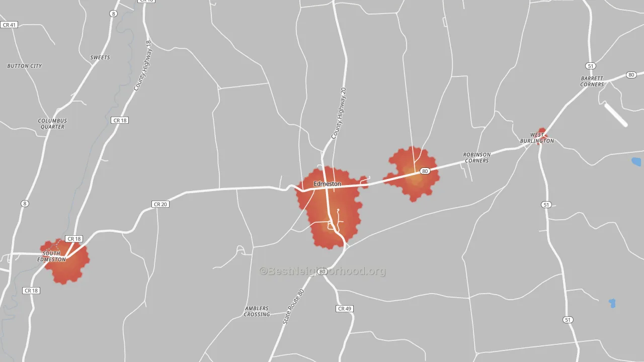 Walk Grade map of Edmeston, NY, walkable areas in green and car-dependent areas in red