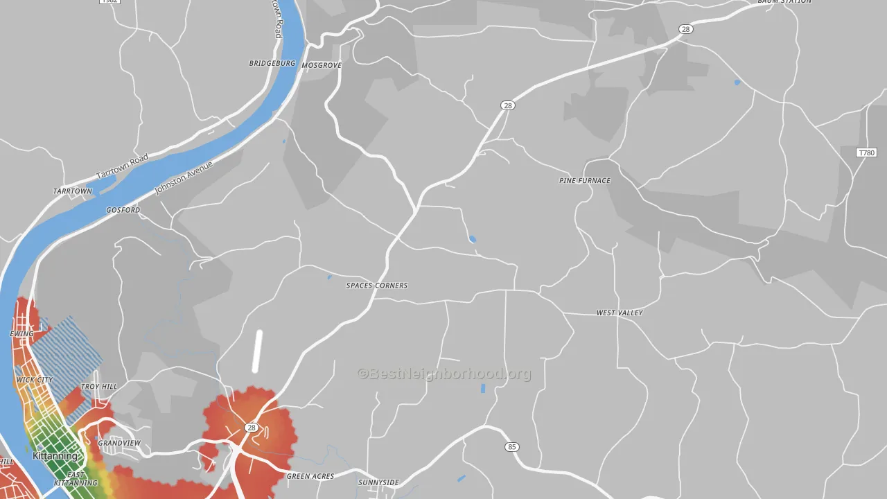 Walk Grade map of Edmon, PA, walkable areas in green and car-dependent areas in red