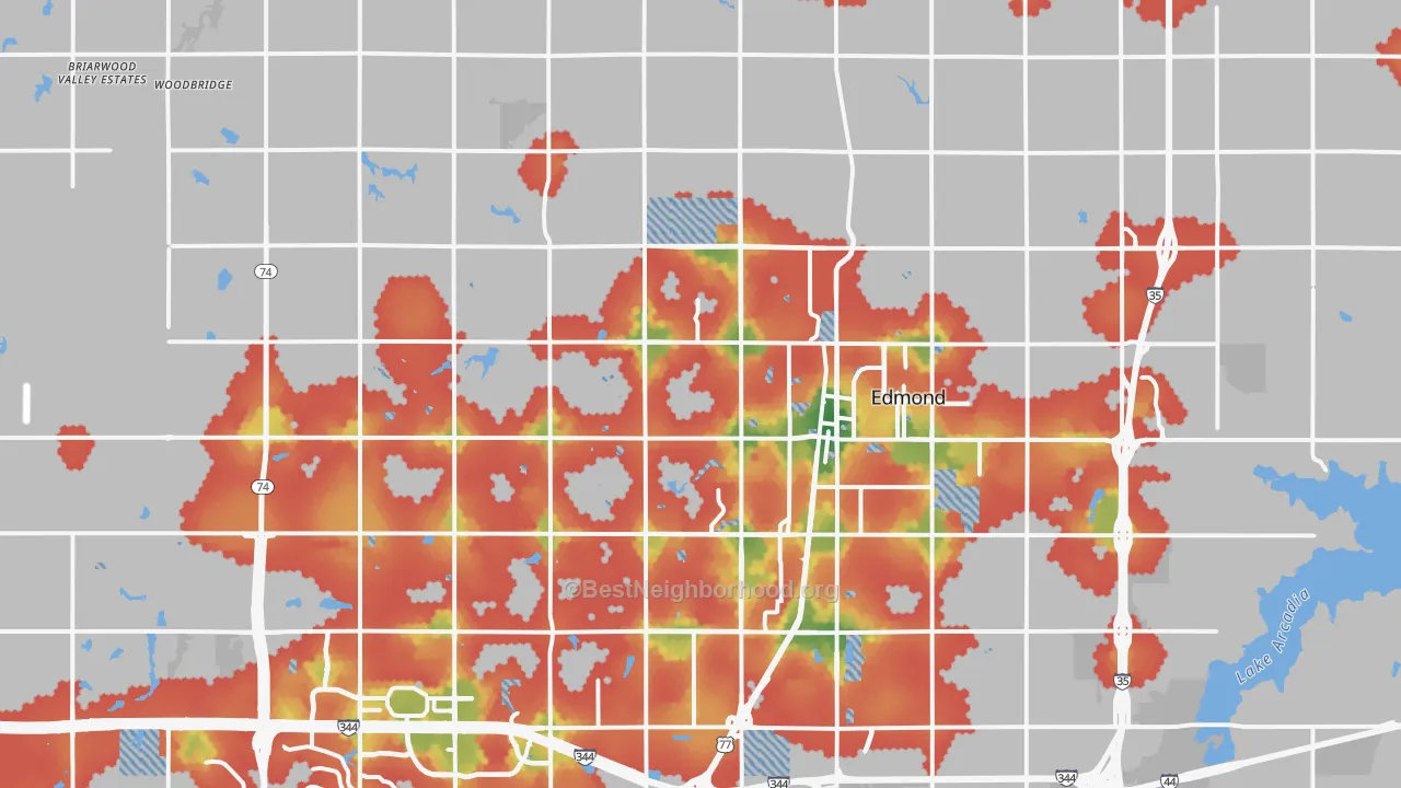 Walk Grade map of Edmond, OK, walkable areas in green and car-dependent areas in red
