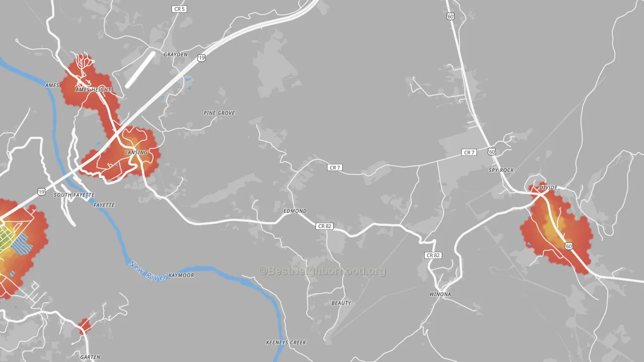 Walk Grade map of Edmond, WV, walkable areas in green and car-dependent areas in red