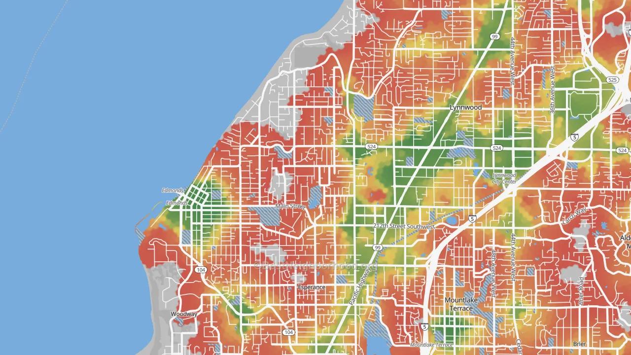Walk Grade map of Edmonds, WA, walkable areas in green and car-dependent areas in red