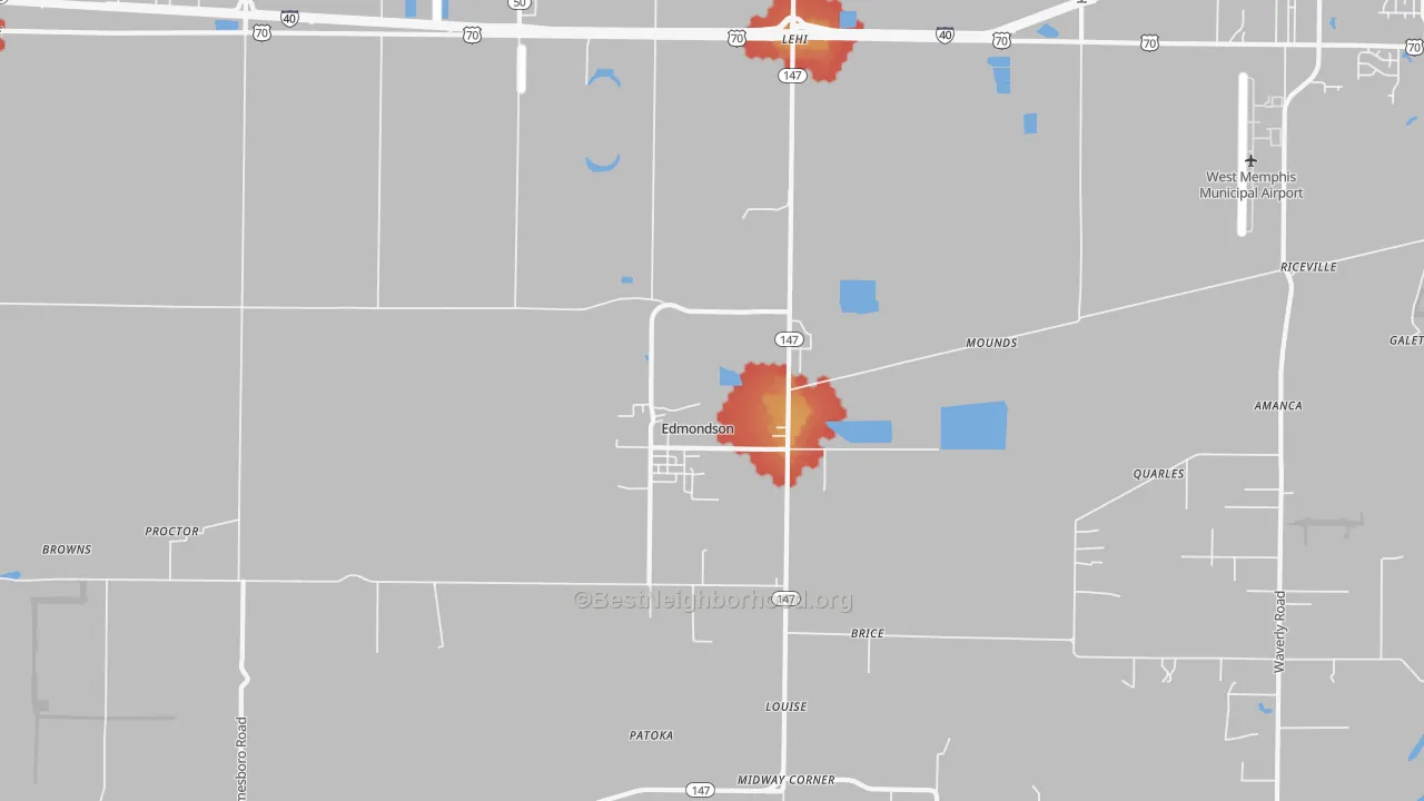 Walk Grade map of Edmondson, AR, walkable areas in green and car-dependent areas in red