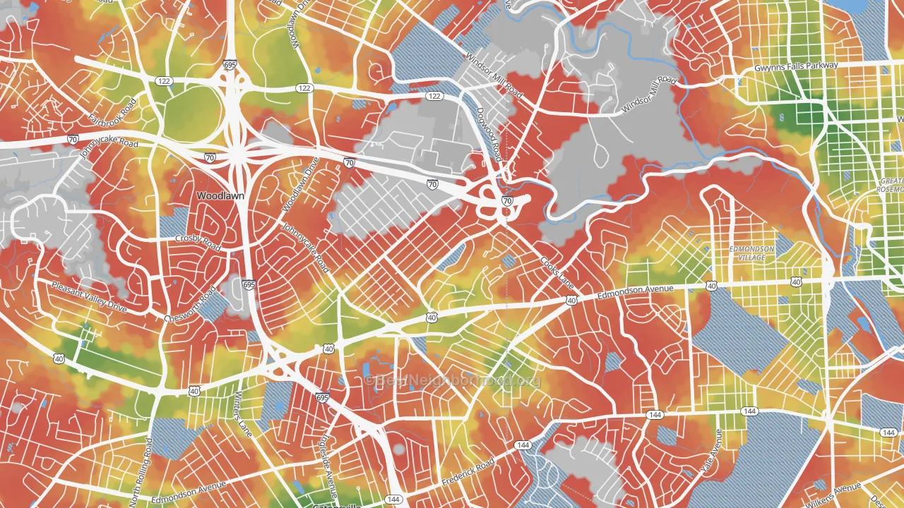 Walk Grade map of Edmondson Heights, Woodlawn, MD, walkable areas in green and car-dependent areas in red