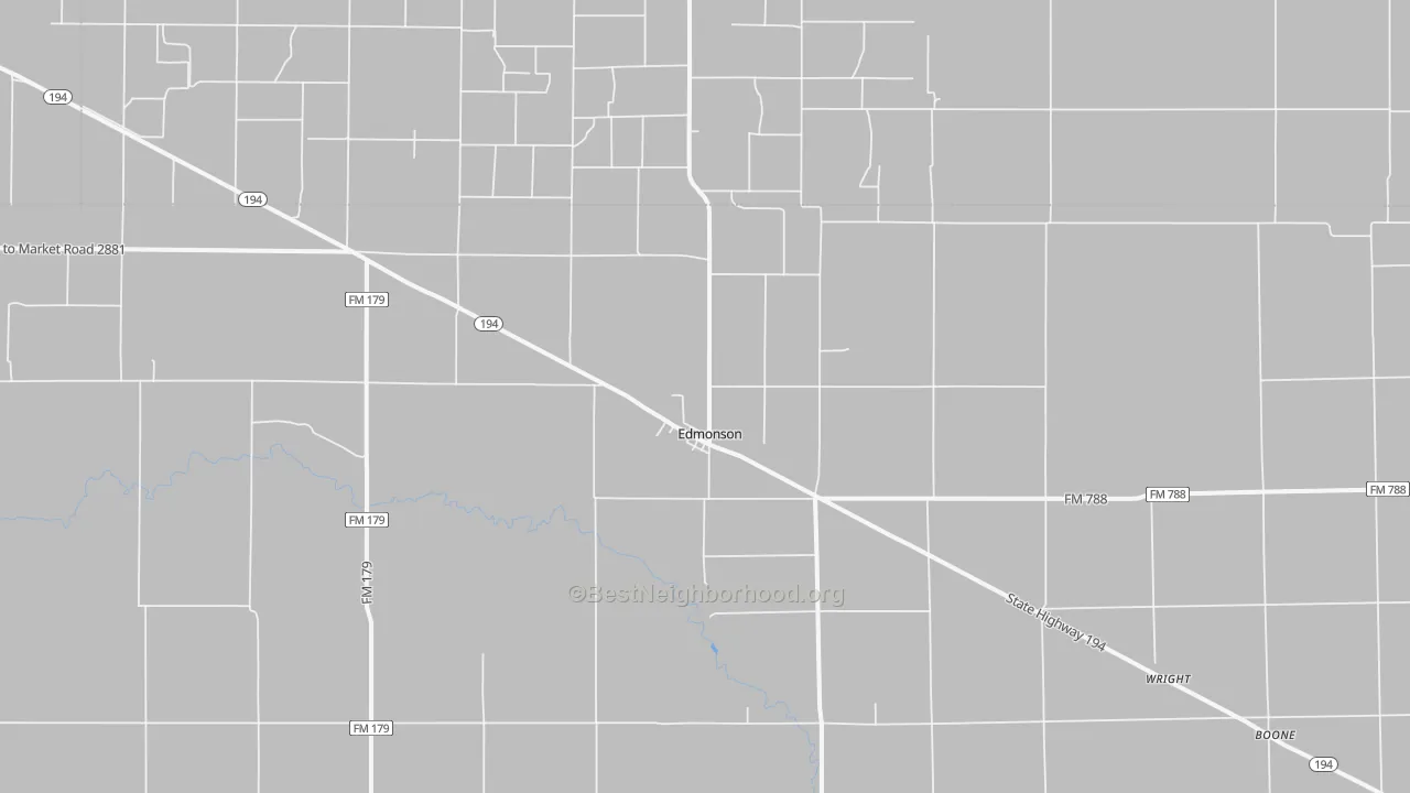 Walk Grade map of Edmonson, TX, walkable areas in green and car-dependent areas in red