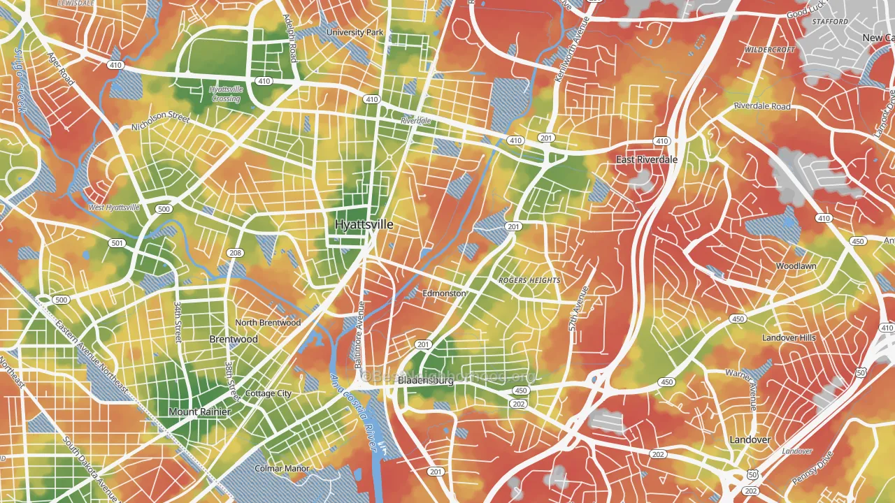 Walk Grade map of Edmonston, MD, walkable areas in green and car-dependent areas in red