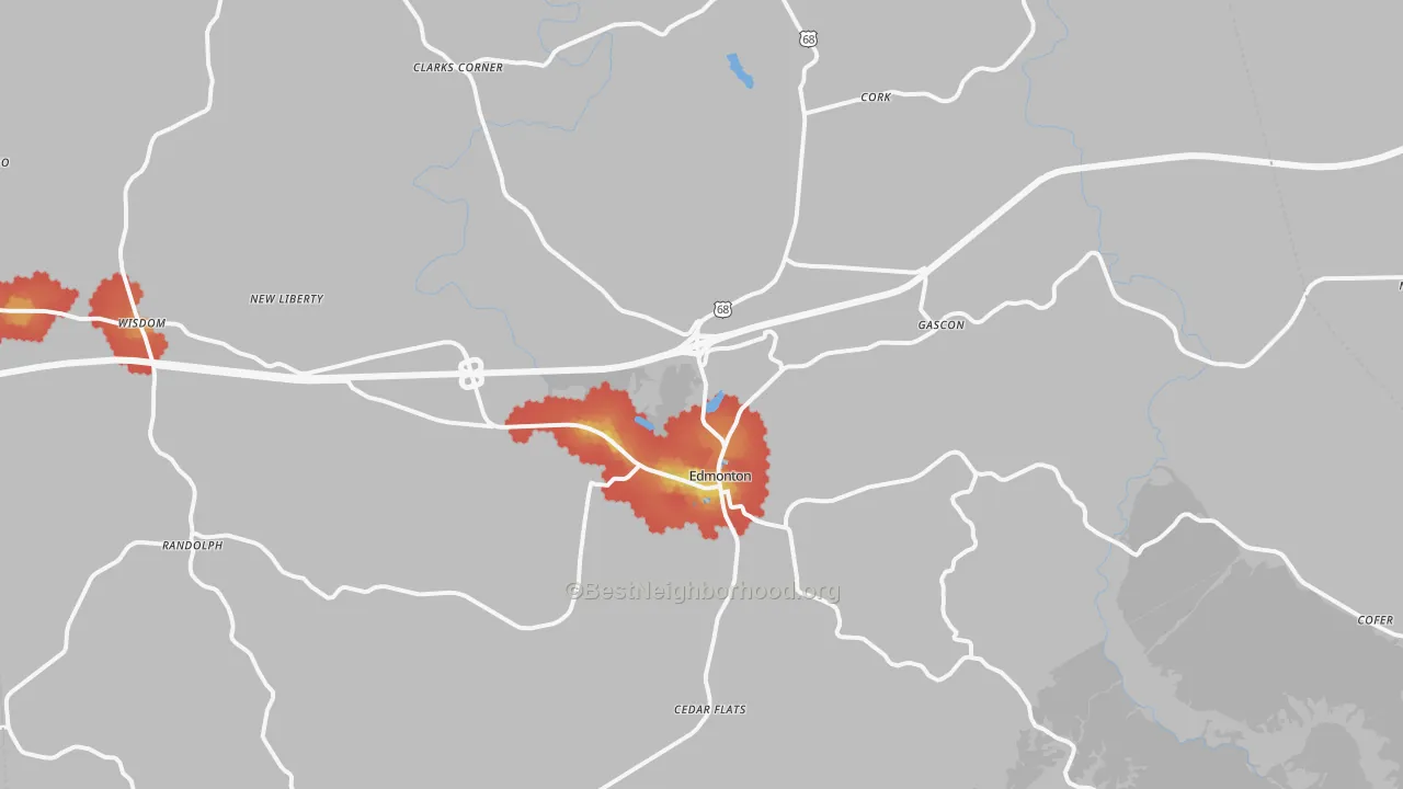 Walk Grade map of Edmonton, KY, walkable areas in green and car-dependent areas in red