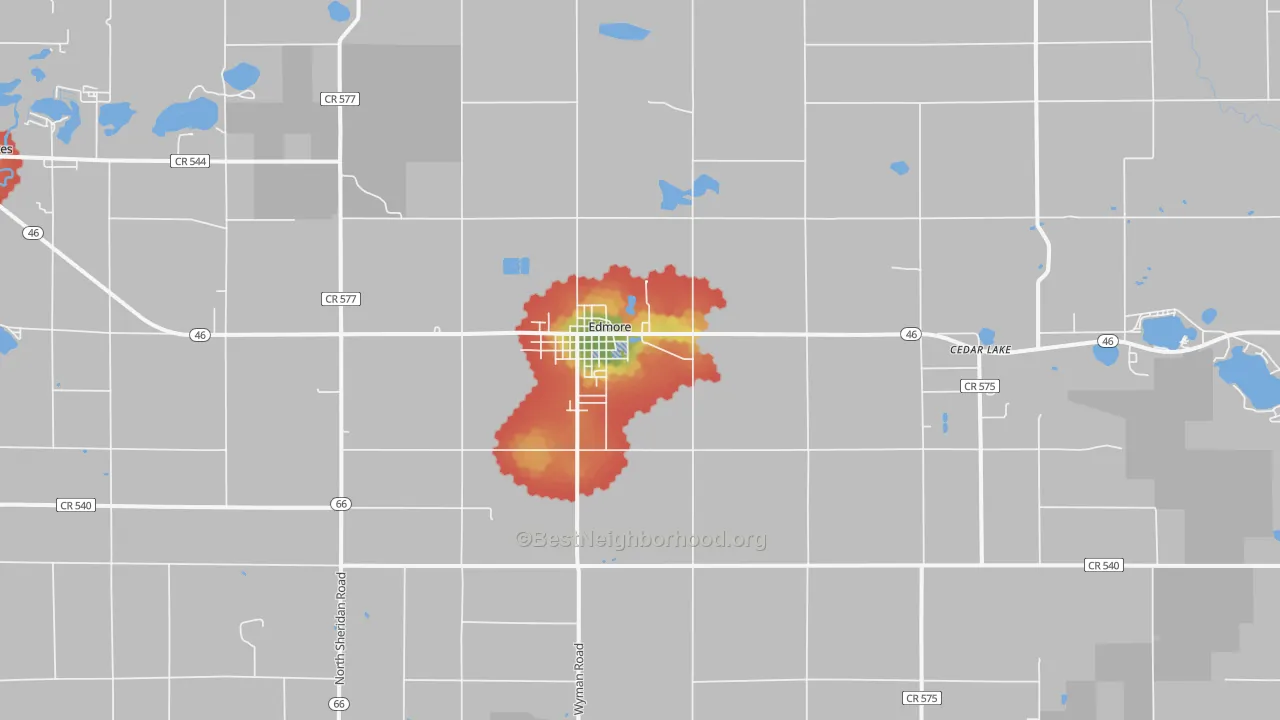 Walk Grade map of Edmore, MI, walkable areas in green and car-dependent areas in red