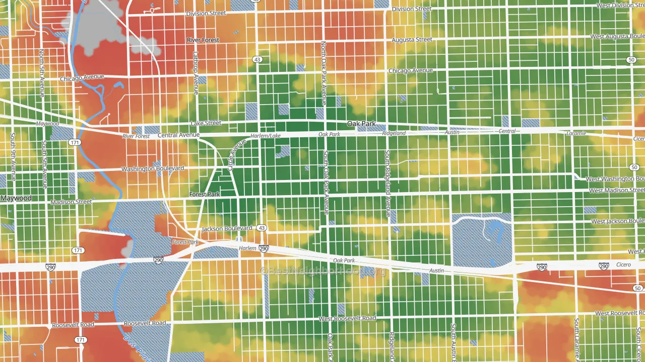 Walk Grade map of Edmund F Burton, Oak Park, IL, walkable areas in green and car-dependent areas in red
