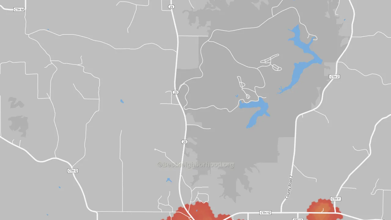Walk Grade map of Edmund, WI, walkable areas in green and car-dependent areas in red
