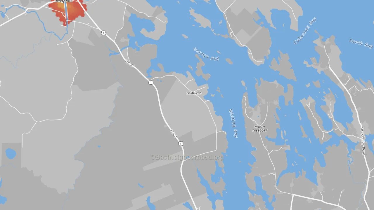 Walk Grade map of Edmunds, ME, walkable areas in green and car-dependent areas in red