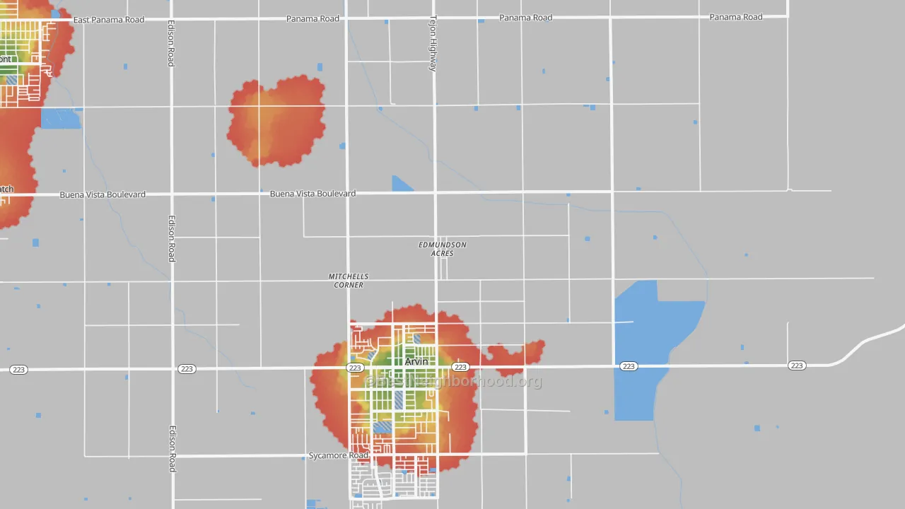 Walk Grade map of Edmundson Acres, CA, walkable areas in green and car-dependent areas in red