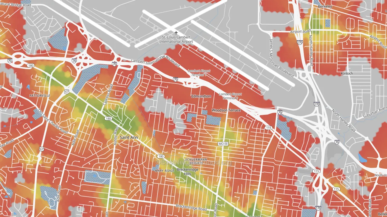 Walk Grade map of Edmundson, MO, walkable areas in green and car-dependent areas in red