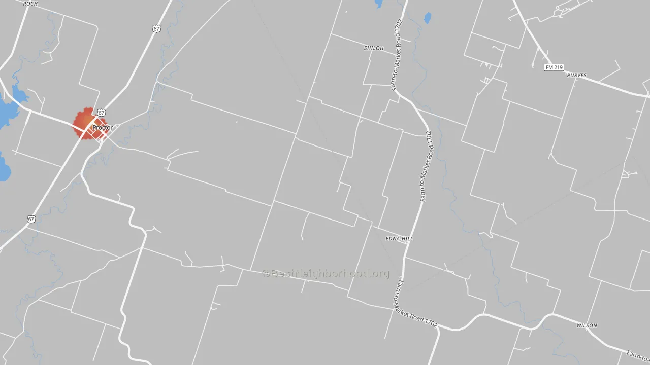 Walk Grade map of Edna Hill, TX, walkable areas in green and car-dependent areas in red