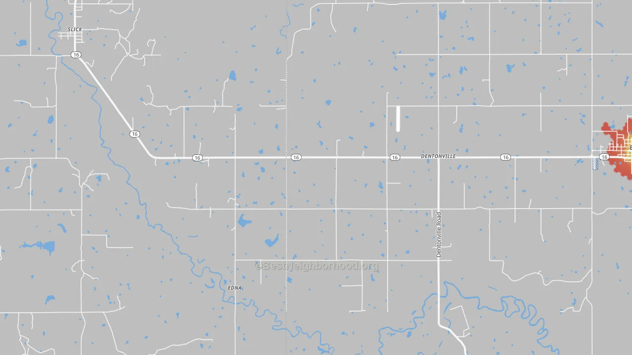 Walk Grade map of Edna, OK, walkable areas in green and car-dependent areas in red