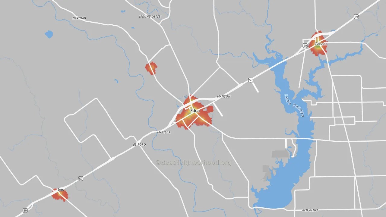 Walk Grade map of Edna, TX, walkable areas in green and car-dependent areas in red