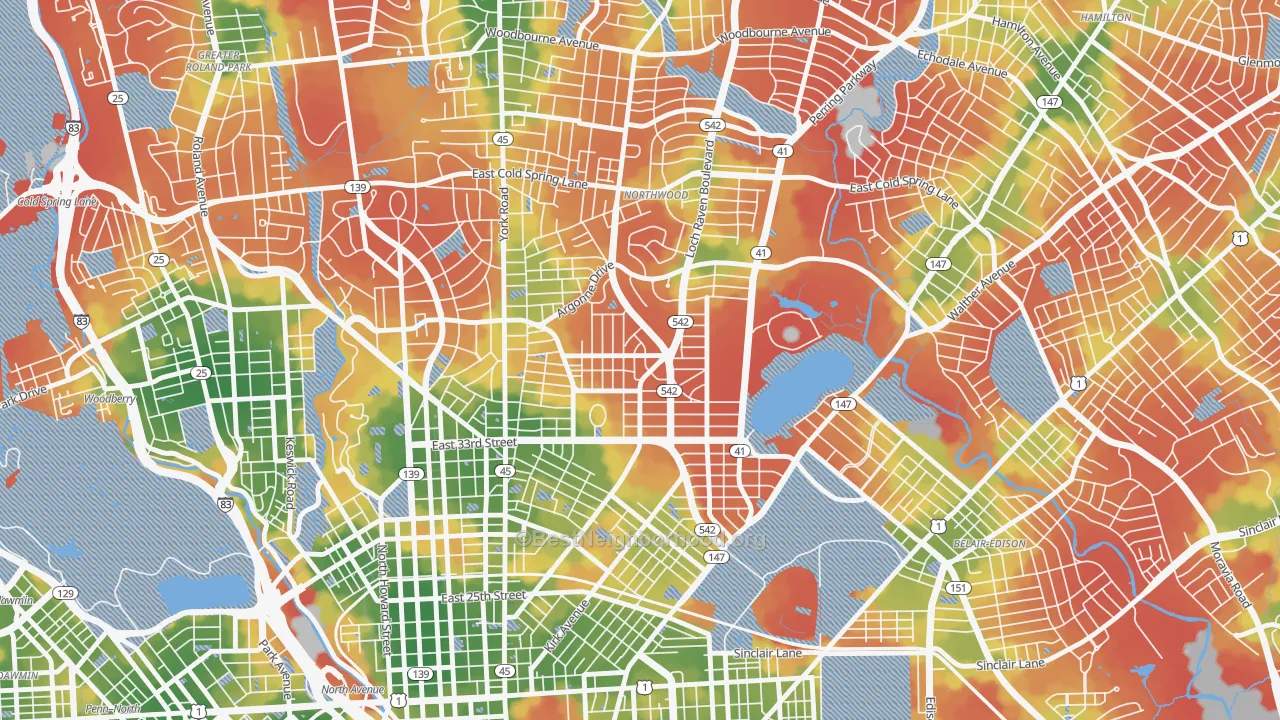Walk Grade map of Ednor Gardens-Lakeside, Baltimore, MD, walkable areas in green and car-dependent areas in red