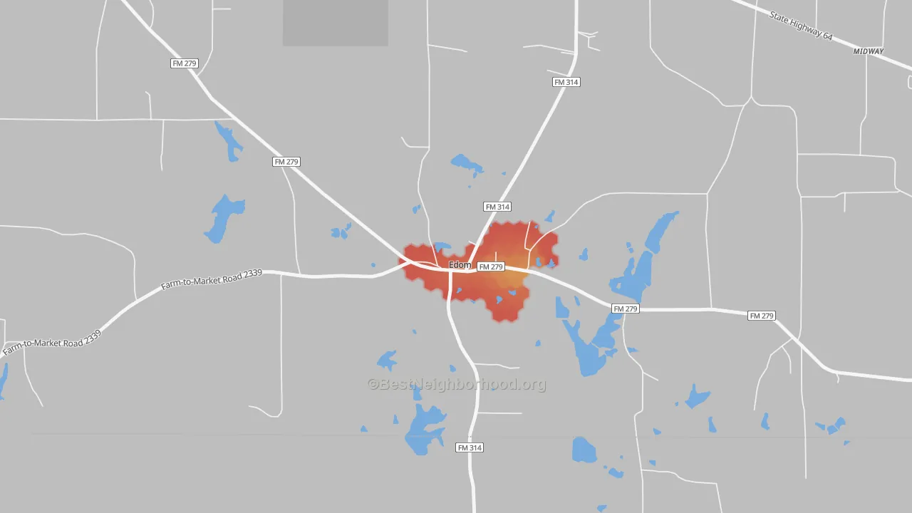 Walk Grade map of Edom, TX, walkable areas in green and car-dependent areas in red