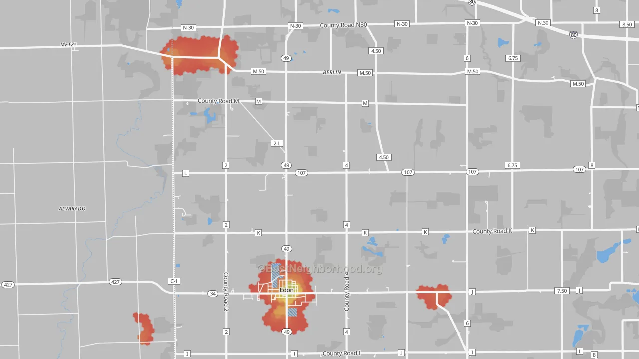 Walk Grade map of Edon, OH, walkable areas in green and car-dependent areas in red