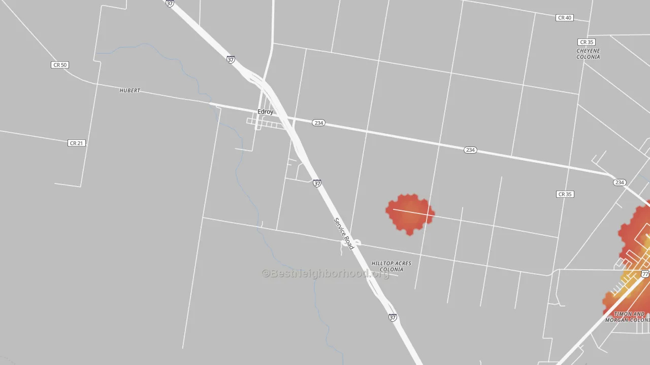 Walk Grade map of Edroy, TX, walkable areas in green and car-dependent areas in red
