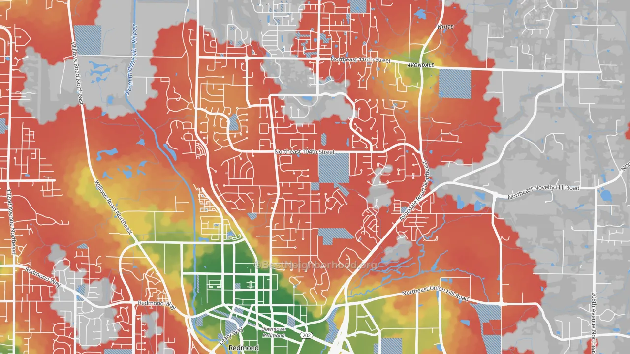 Walk Grade map of Education Hill, Redmond, WA, walkable areas in green and car-dependent areas in red